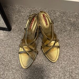 Prada strappy gold heels
